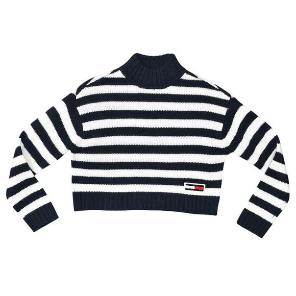 Tommy Hilfiger Blue Acrylic Pullover Sweater XS Women High Neck Stripe Crop - Picture 1 of 7